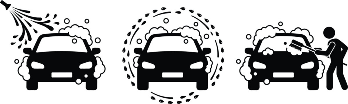 Automobile car wash service collection showing high pressure water spray soapy foam bubbles and manual hand detailing vector