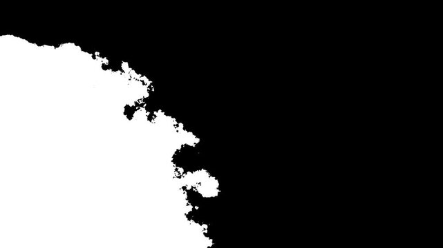 White ink explosion spreading from the side, turbulent liquid streams, smoky paint particles and dramatic watercolor reveal transition isolated on a clean black background
