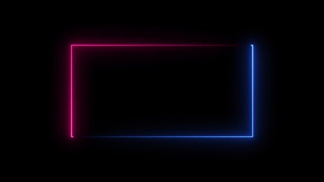 Abstract glowing neon blue line moving loop animation on black background. Abstract neon studio background, rectangular frame made of two moving neon lights.