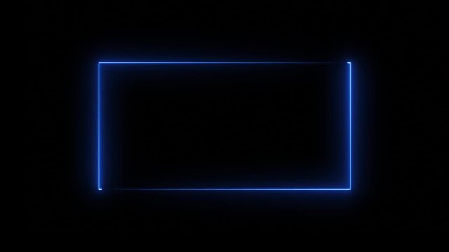Abstract glowing neon blue line moving loop animation on black background. Abstract neon studio background, rectangular frame made of two moving neon lights.
