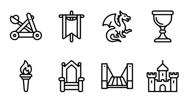 Medieval Fantasy Icons: Castle, Dragon, Throne, Catapult, Goblet, Banner, Torch, Bridge Set
