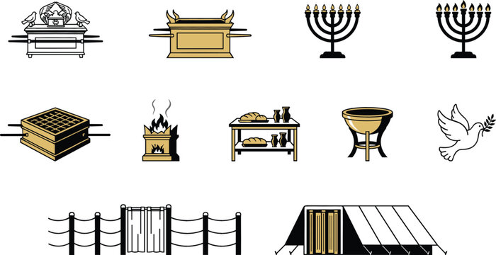 Biblical tabernacle artifacts and holy vessel vector icon set with ark of the covenant menorah altar and showbread table