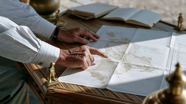 Weathered hands of a cultural consultant spread hand-drawn regional maps across a sunlit bamboo table, brass figurines anchoring corners, notebooks filled with dialect notes