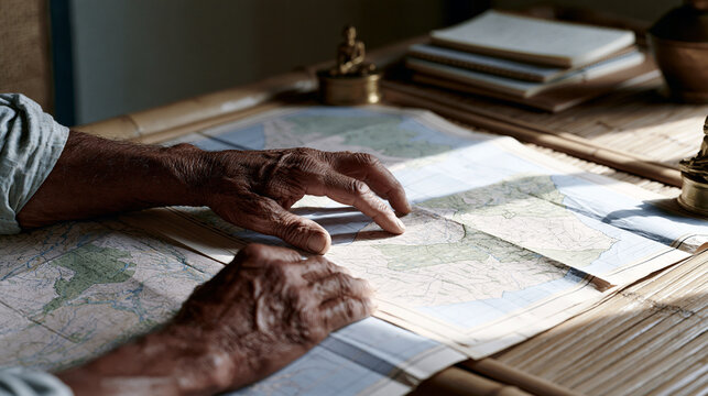 Weathered hands of a cultural consultant spread hand-drawn regional maps across a sunlit bamboo table, brass figurines anchoring corners, notebooks filled with dialect notes