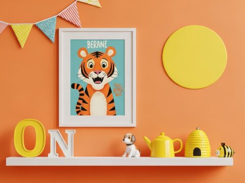 Colorful nursery decor with tiger poster and yellow accents