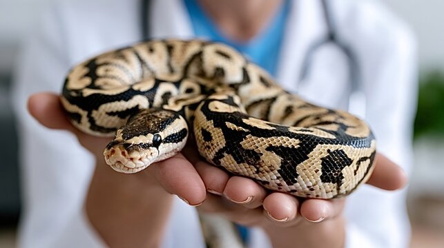 Veterinarian holding a royal ball python during an examination, focusing on exotic animal health care and routine checkups for a pet reptile at a vet clinic