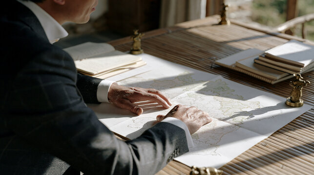 Weathered hands of a cultural consultant spread hand-drawn regional maps across a sunlit bamboo table, brass figurines anchoring corners, notebooks filled with dialect notes