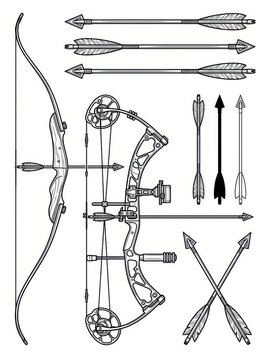 Archery Equipment Set with Compound Bow, Recurve Bow and Various Arrows Line Art Illustration