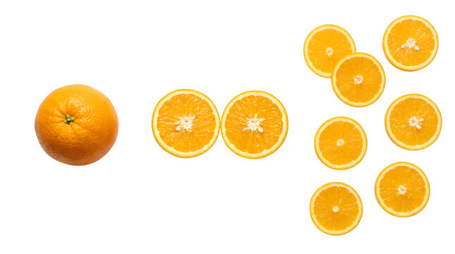 Whole and sliced oranges arrangement isolated on transparent background