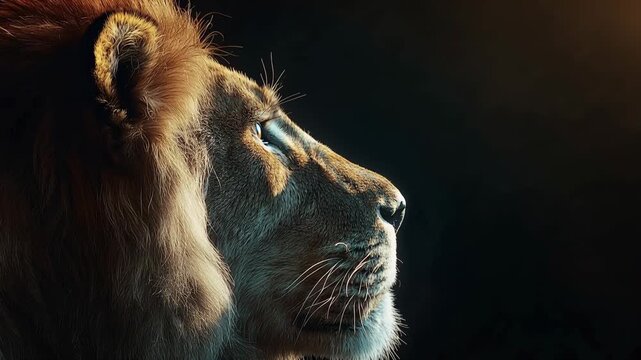Majestic male lion portrait in profile illuminated by dramatic natural side light
