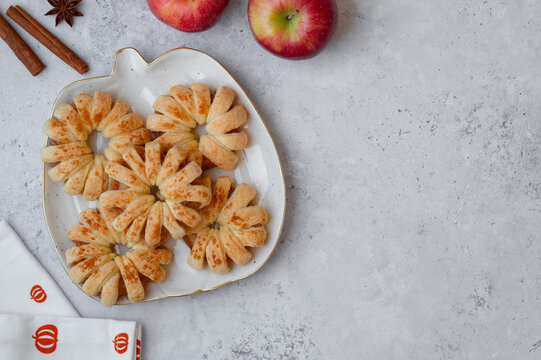 Autumn apple pastry flat lay, space for text