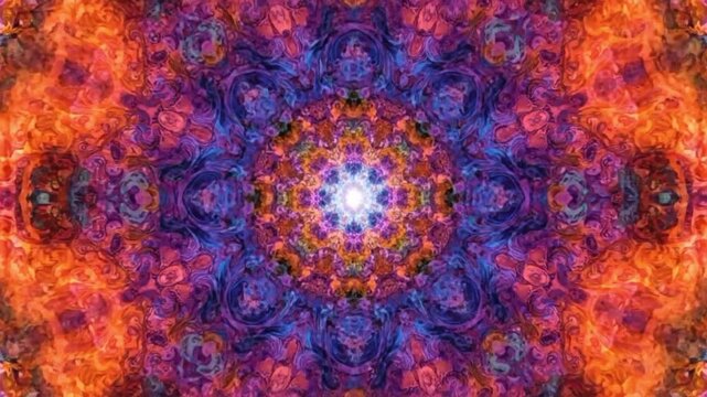 Retro psychedelic pulsing kaleidoscope tempo abstract art display with vibrant colors and patterns