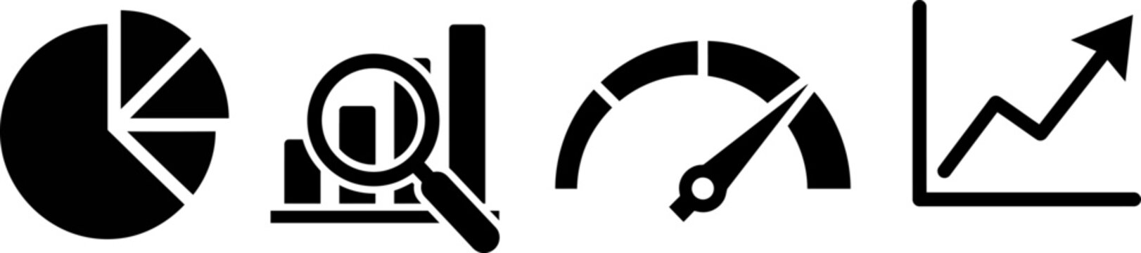 Set of black business analytics icons including pie chart bar graph speedometer and trend