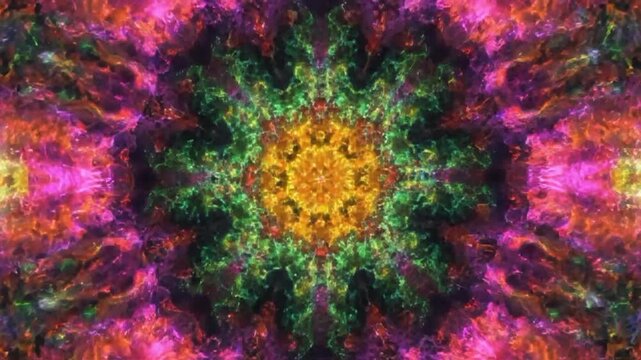 Retro psychedelic pulsing kaleidoscope tempo abstraction with vibrant colors and patterns