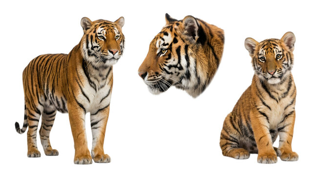 Three siberian tiger cubs portraits on black with isolated on transparent background