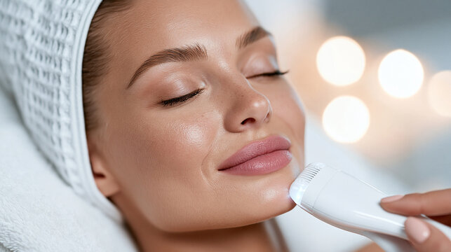 European woman holding a handheld microcurrent skincare device near her jawline, cropped shot from below the eyes, soft bright bathroom light, cosmetic technology concept, Copy Spa