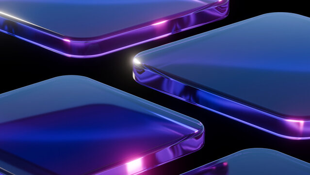 3D abstract glossy blue and purple glass plates on black background. Ideal for product display, tech presentation slides, UI UX design, web headers, and wallpaper