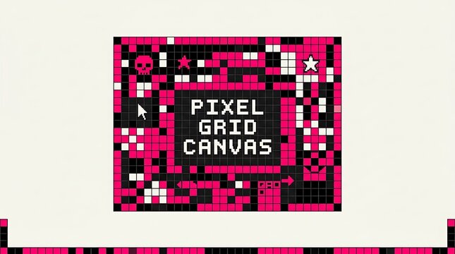 Vibrant Pixel Art Grid Canvas with Retro 8-Bit Graphics, Skull, Star, and Cursor, Featuring Bold Pink, Black, and White Geometric Patterns, Ideal for Digital.