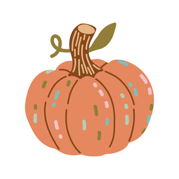 Cute orange pumpkin with colorful decorative strokes, wooden stem and green leaf. Autumn vector illustration isolated on white