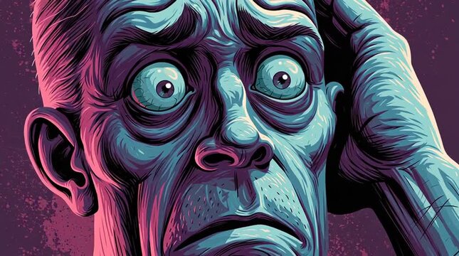 Mental health crisis and anxiety man with wide eyes and hands on head expressing panic and psychological distress in a stylized graphic illustration