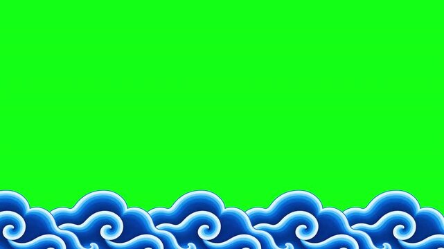 Asian Sea Waves Border Green Screen Background Indonesian Batik Mega Mendung