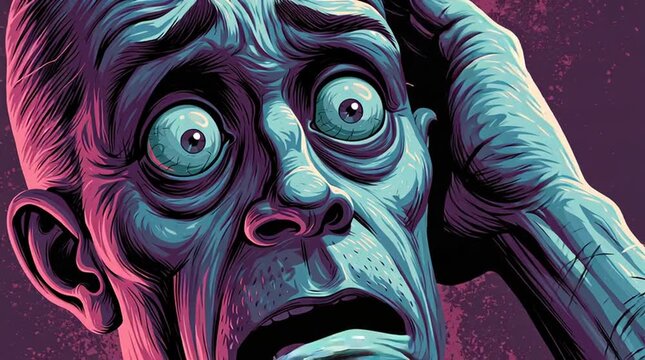 Mental health crisis and anxiety concept man with wide eyes and hands on head expressing panic psychological distress and emotional breakdown illustration