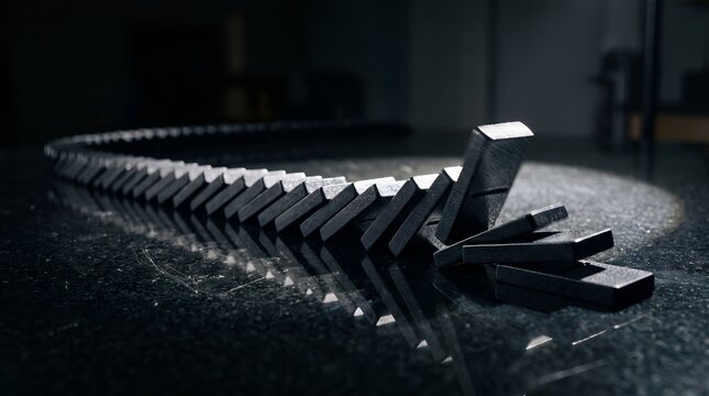 Chain Reaction of Black Domino Tiles Falling in Sequence on a Dark Reflective Surface