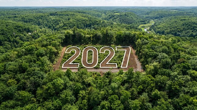 2027 numbers on deforested patch of green forest, aerial view, ecology, climate change and future new year planning concept.