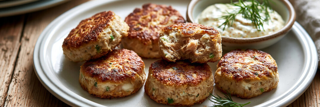 Goldbraun gebratene Fischfrikadellen mit Dip auf wei&szlig;em Teller, Holztisch