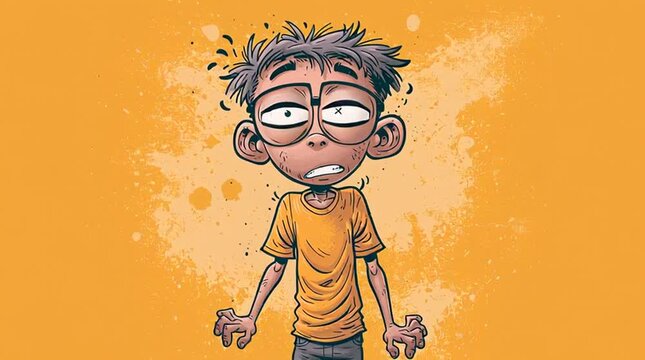 Mental health and anxiety concept stressed cartoon boy with wide eyes and messy hair looking overwhelmed isolated on a solid orange background