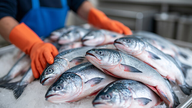 Eye-level close-up of a worker sorting fresh fish on ice at a processing plant, hands in bright orange gloves, blue apron strap visible, waist-down figure on the left side of frame