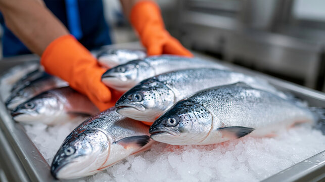 Eye-level close-up of a worker sorting fresh fish on ice at a processing plant, hands in bright orange gloves, blue apron strap visible, waist-down figure on the left side of frame
