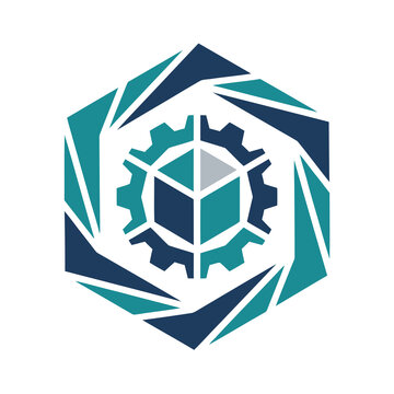 Geometric logo with gear and abstract cube