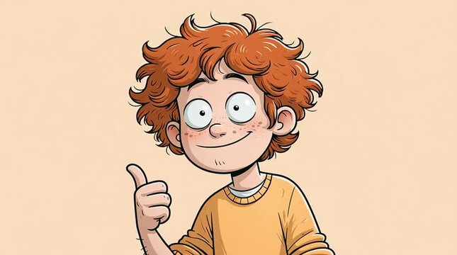 Success and approval concept cartoon boy with red hair giving a thumbs up gesture happy child character isolated on a solid light orange background