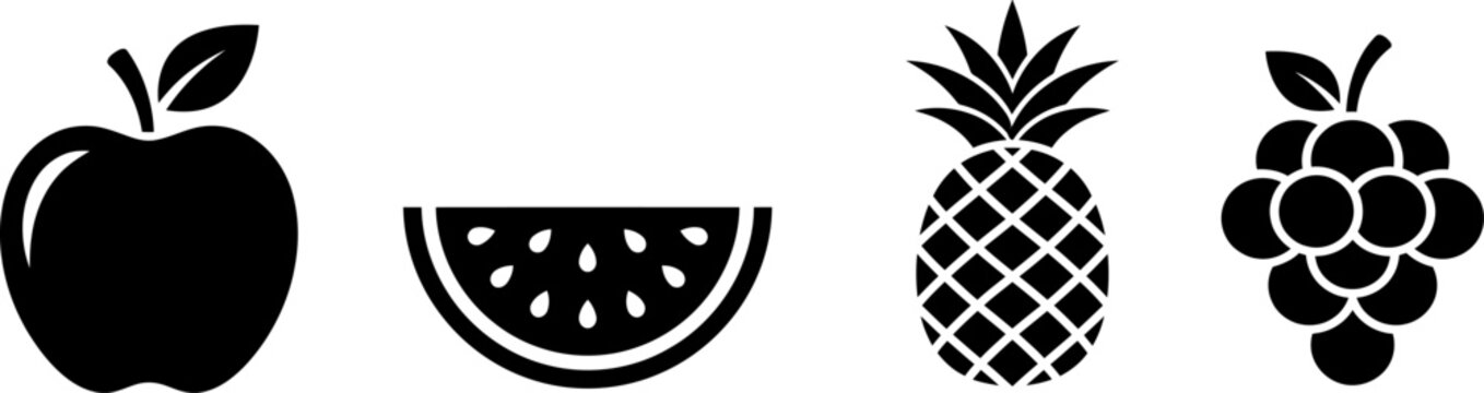 Set of black fruit icons featuring apple watermelon slice pineapple and grapes