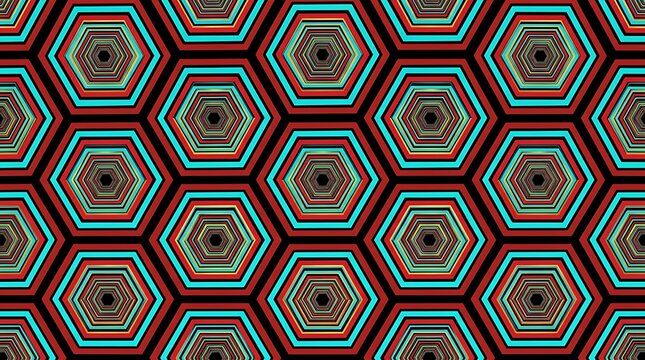 Vibrant Abstract Hexagonal Tunnel Pattern with Repeating Geometric Shapes and Optical Illusion Effect, Featuring Bold Red, Teal, and Yellow Lines on a Black.