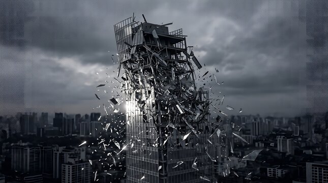 Conceptual Digital Art of a Skyscraper Collapsing in a Dramatic Urban Disaster Scene