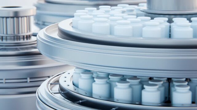 Automated Pharmaceutical Production Line with White Medicine Bottles on Steel Conveyor Belt, High-Tech Factory, 3D Rendering loop