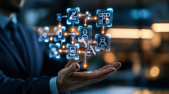 Businessperson's hand interacting with a floating holographic AI agent interface autonomously executing a multi-step workflow, office setting, intelligent automation concept