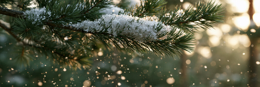 Verschneiter Kiefernzweig mit Schneeflocken vor unscharfem Winterhintergrund