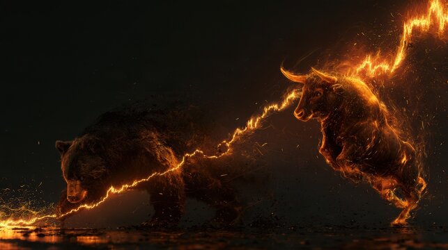 Abstract representation of bear force pushing down on amber price line while bull force lifts it upward in a dark background
