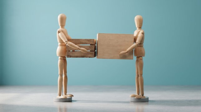 Two wooden mannequins exchanging a cardboard box