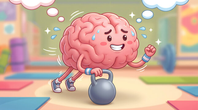 Cartoon brain character doing plank exercise in gym with copy space