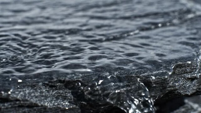 Clear water flowing across stone surface in slow motion