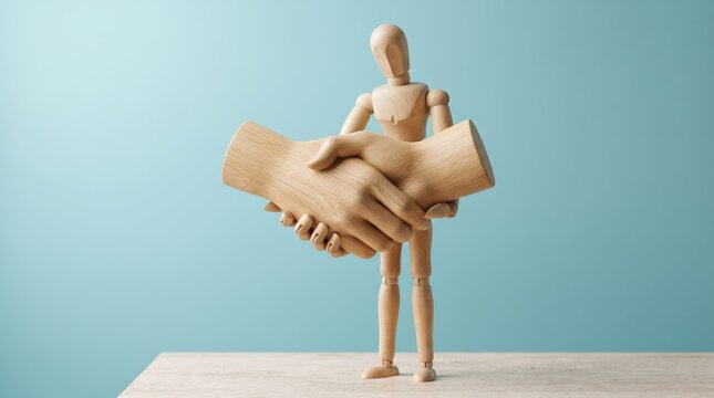 Wooden figure models shaking hands in agreement