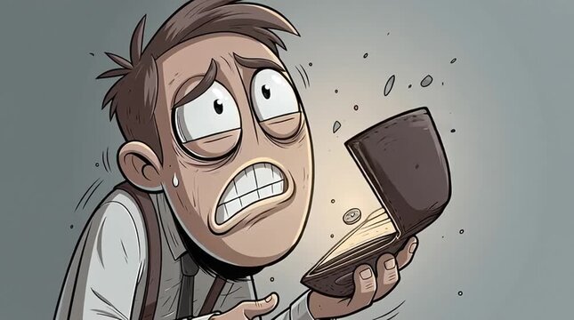 Financial crisis and poverty concept shocked man looking at an empty wallet with floating coins cartoon style illustration of economic hardship