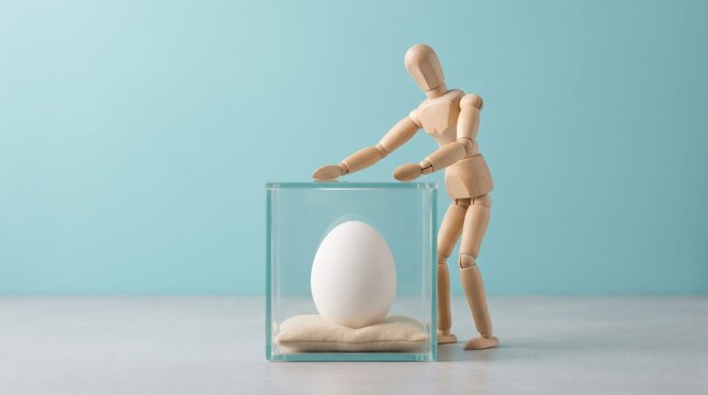 Wooden mannequin balancing egg on transparent stand