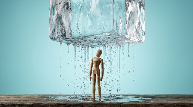 Person standing under a waterfall in a green digital environment