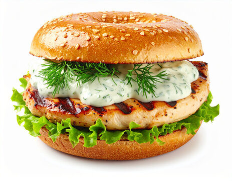 Grilled chicken sandwich with lettuce, creamy herb sauce with dill, white background. AI