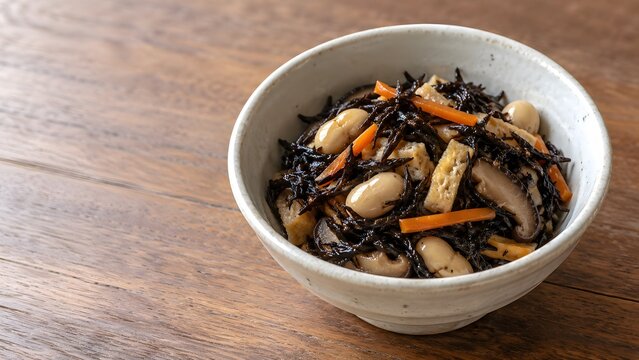 japanese simmered hijiki with soybeans carrot and fried tofu